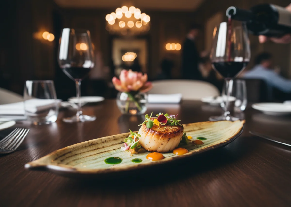 Pan-seared scallop with micro-herbs and coulis on an Annamis Frosted Wave dish
