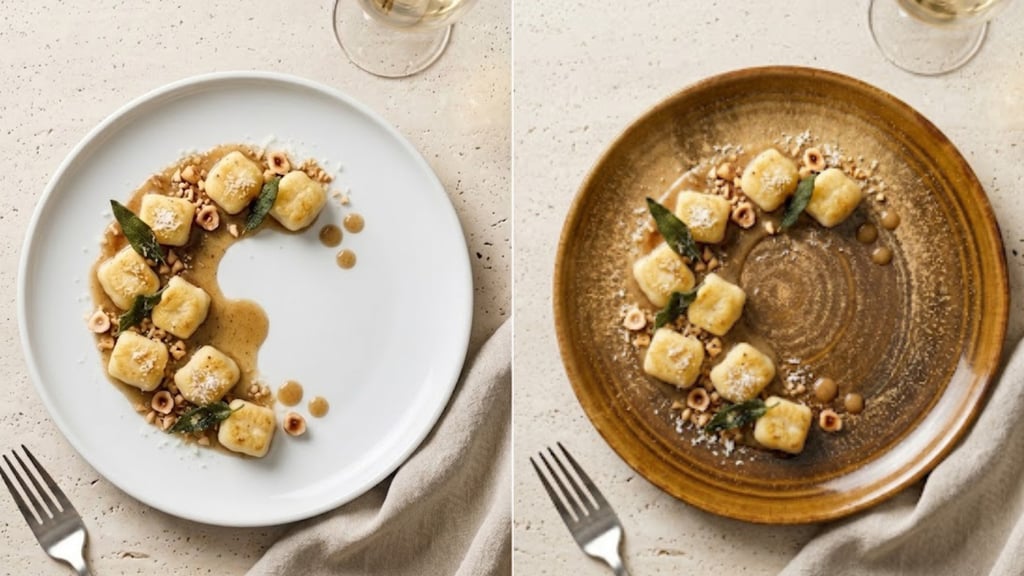 The same gnocchi dish plated on a white plate and on an amber reactive-glaze Annamis plate