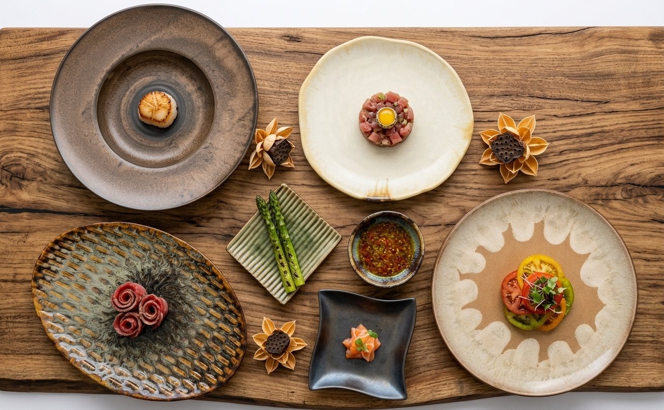 A spread of handcrafted Annamis plates and bowls with plated dishes