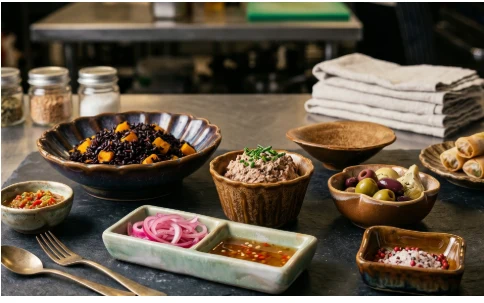 A spread of Annamis ramekins and side dishes on a restaurant prep counter