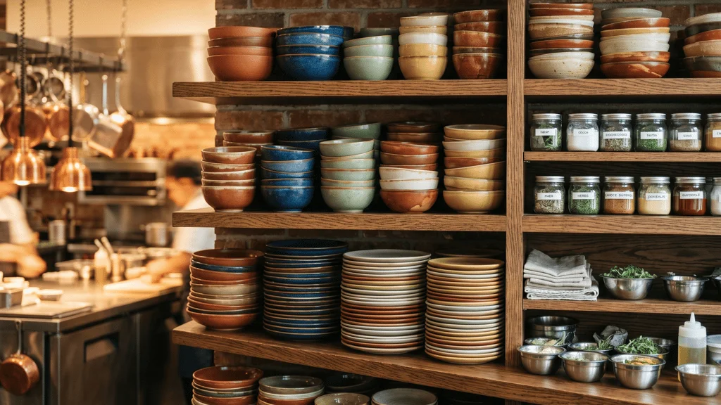 Stacked reactive-glaze plates and bowls on open shelving in a restaurant kitchen