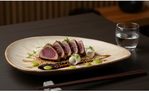 Sliced beef tataki plated on an oval handcrafted Annamis plate