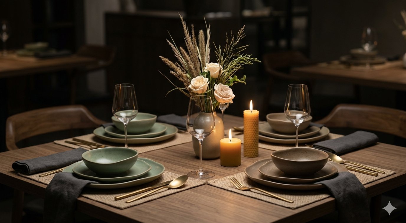 Earth-toned handcrafted tableware styled for a modern restaurant table trends