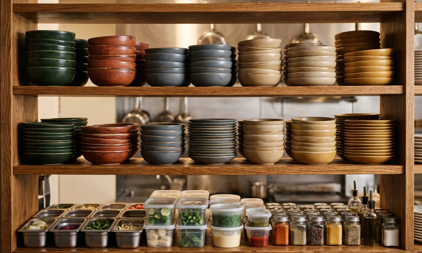 Shelves of handcrafted Annamis bowls above a restaurant prep station