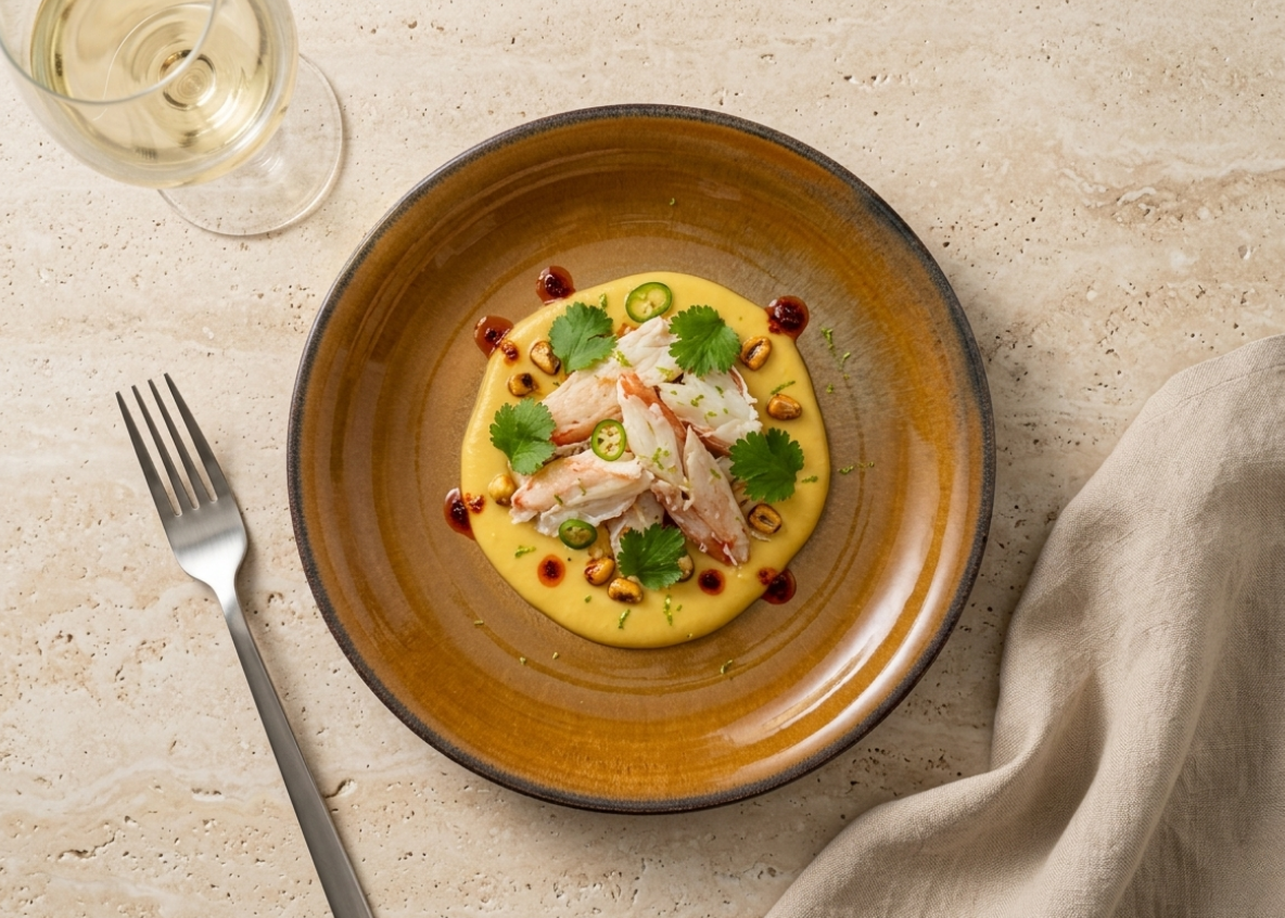 Patagonian king crab with corn purée and chilli oil in an Autumn Harvest shallow bowl