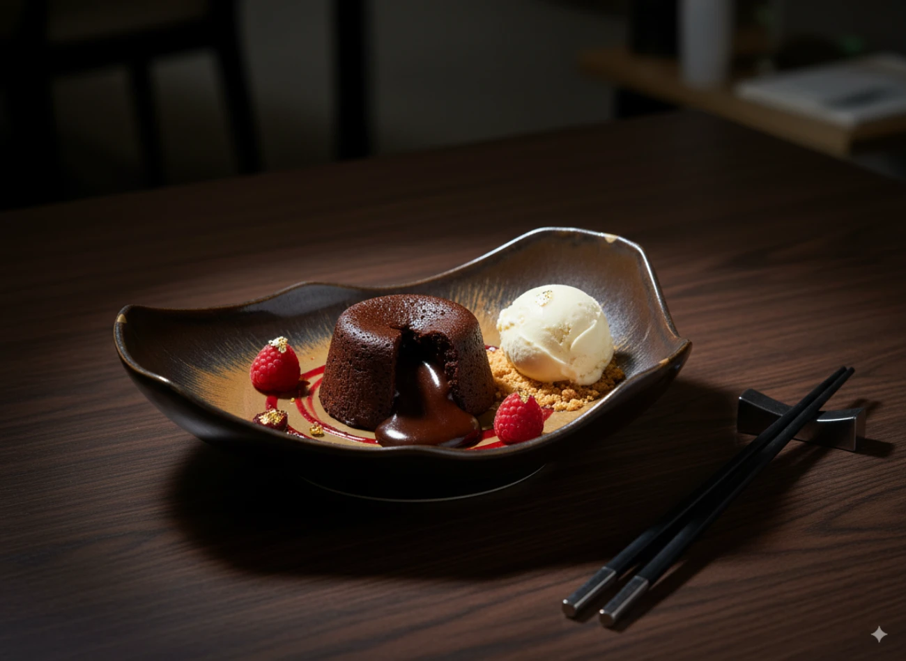 Molten chocolate cake with vanilla ice cream in an Autumn Harvest wave dish