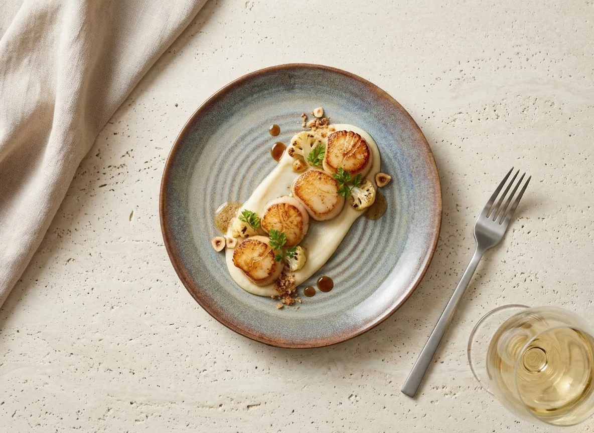Seared scallops with cauliflower puree and brown butter on a round Azure Typhoon plate