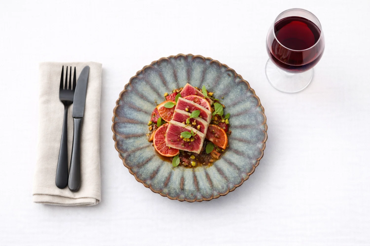 Seared ahi tuna with blood orange and pistachio on a fluted Azure Typhoon plate