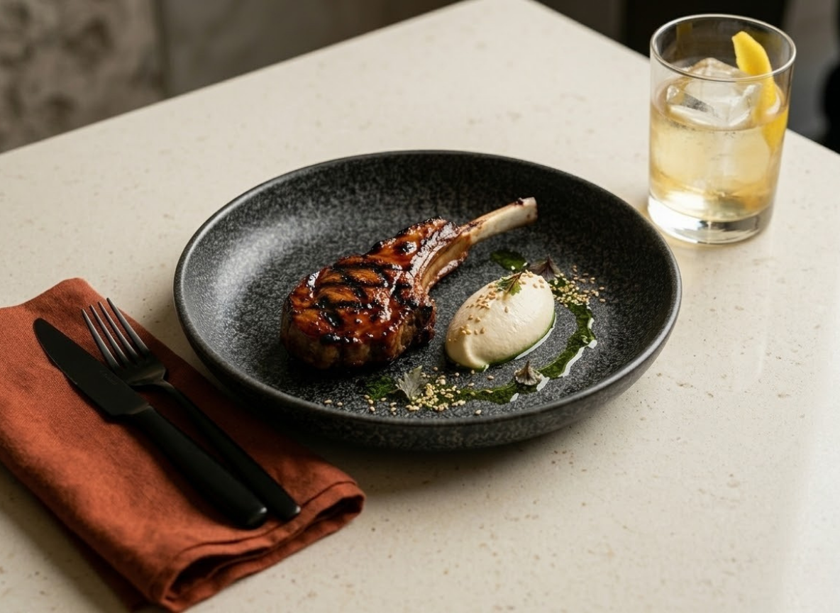 Robata lamb chop with gochujang miso and whipped tofu cream on a Blackstone Grid round plate
