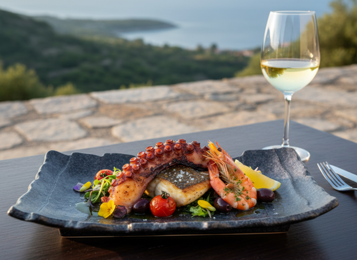 Grilled octopus and sea bass with Mediterranean garnish on a Blackstone Grid wavy tray