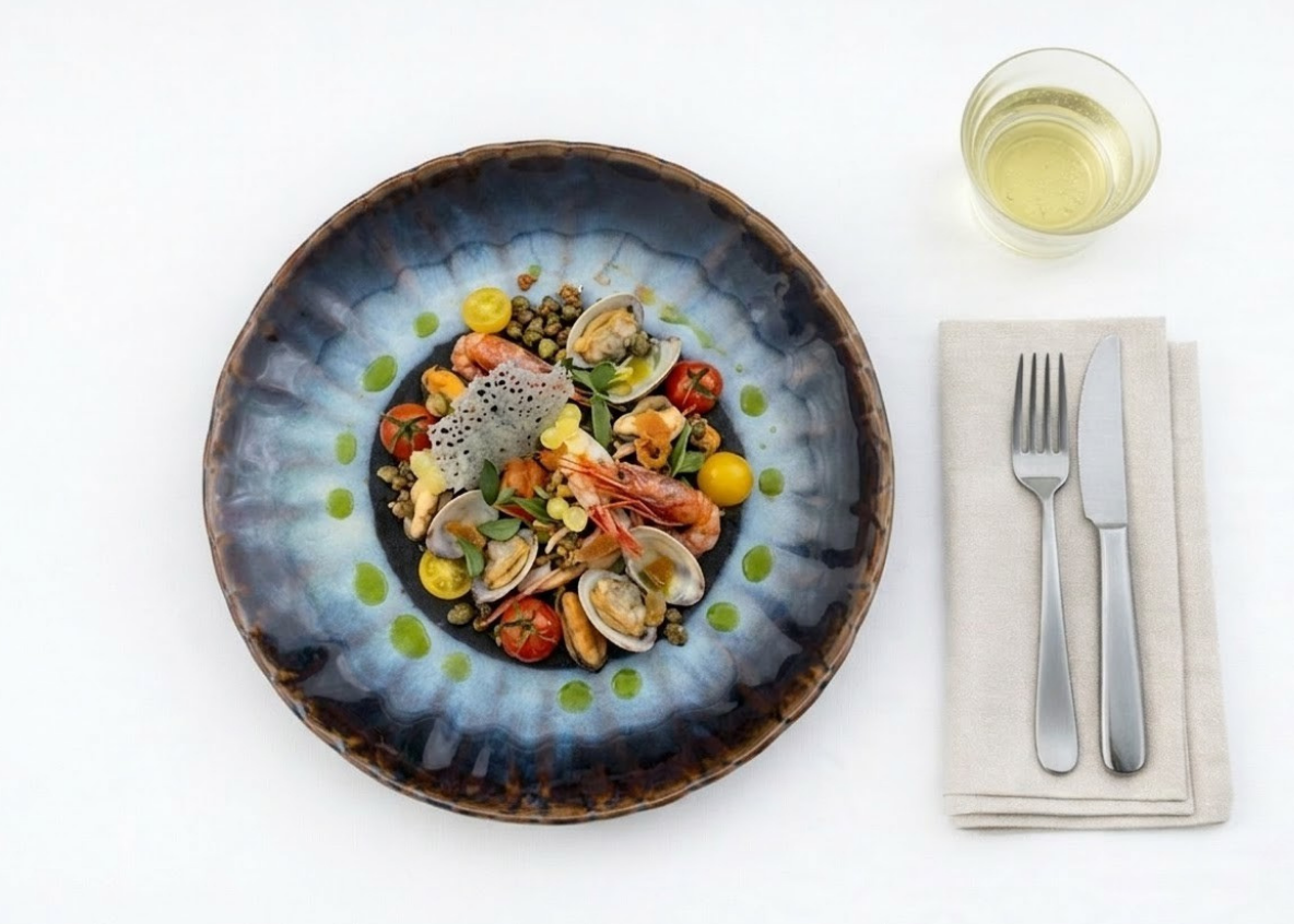 Frutti di mare mediterranei with prawns, mussels and clams on a Blue Horizon round bowl
