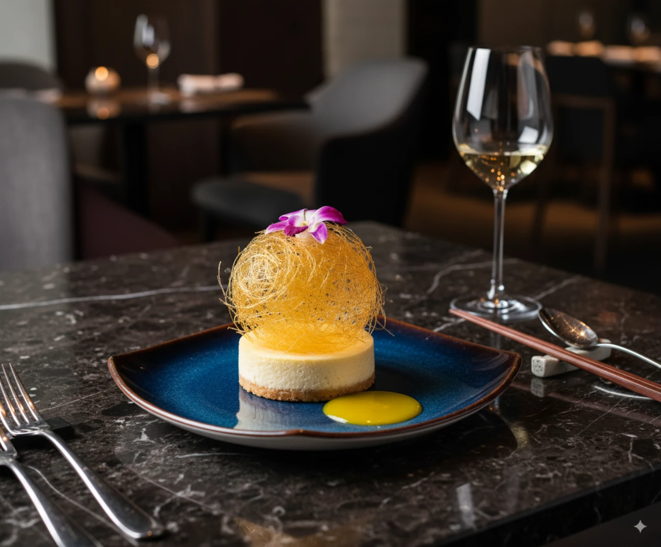 Yuzu cheesecake with spun sugar and orchid on a Blue Horizon square plate