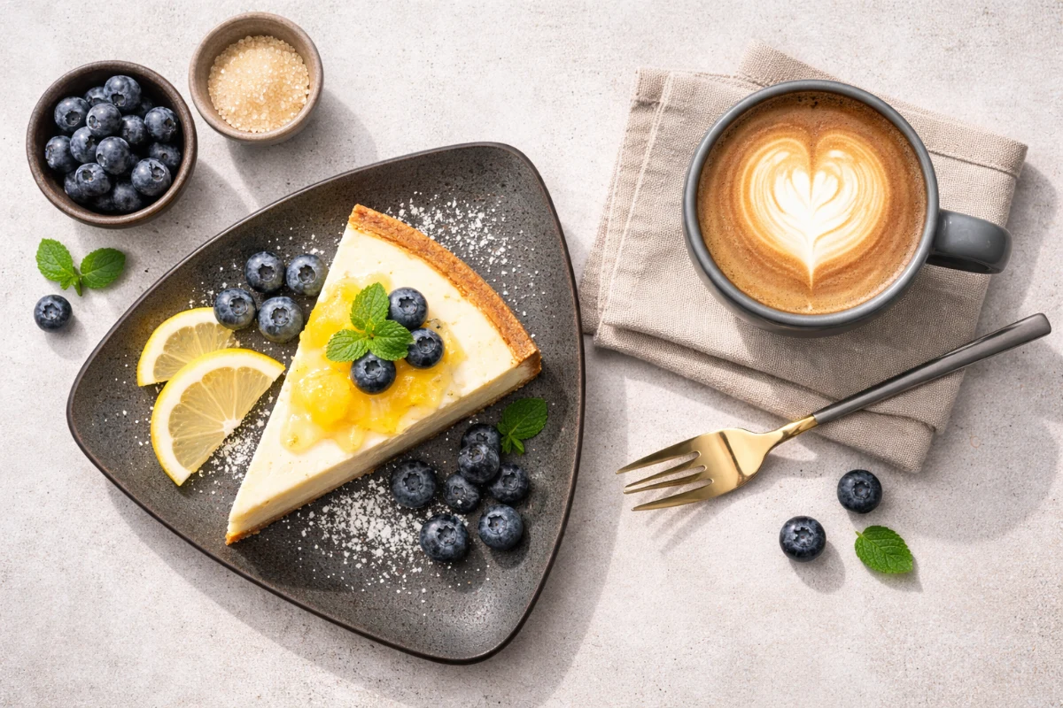 New York cheesecake with lemon curd and blueberries on a triangular Carbon Luxe plate