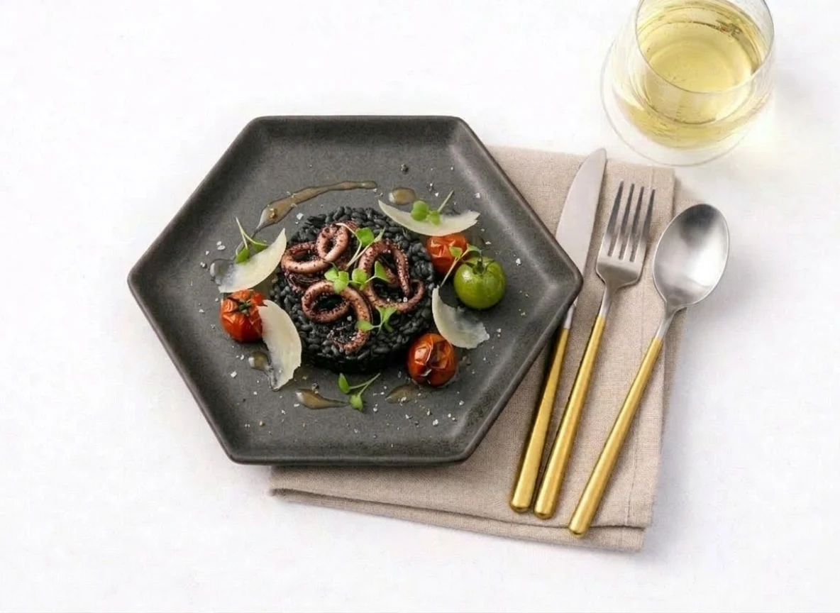 Black ink risotto with calamari and parmesan on a hexagonal Carbon Luxe tray