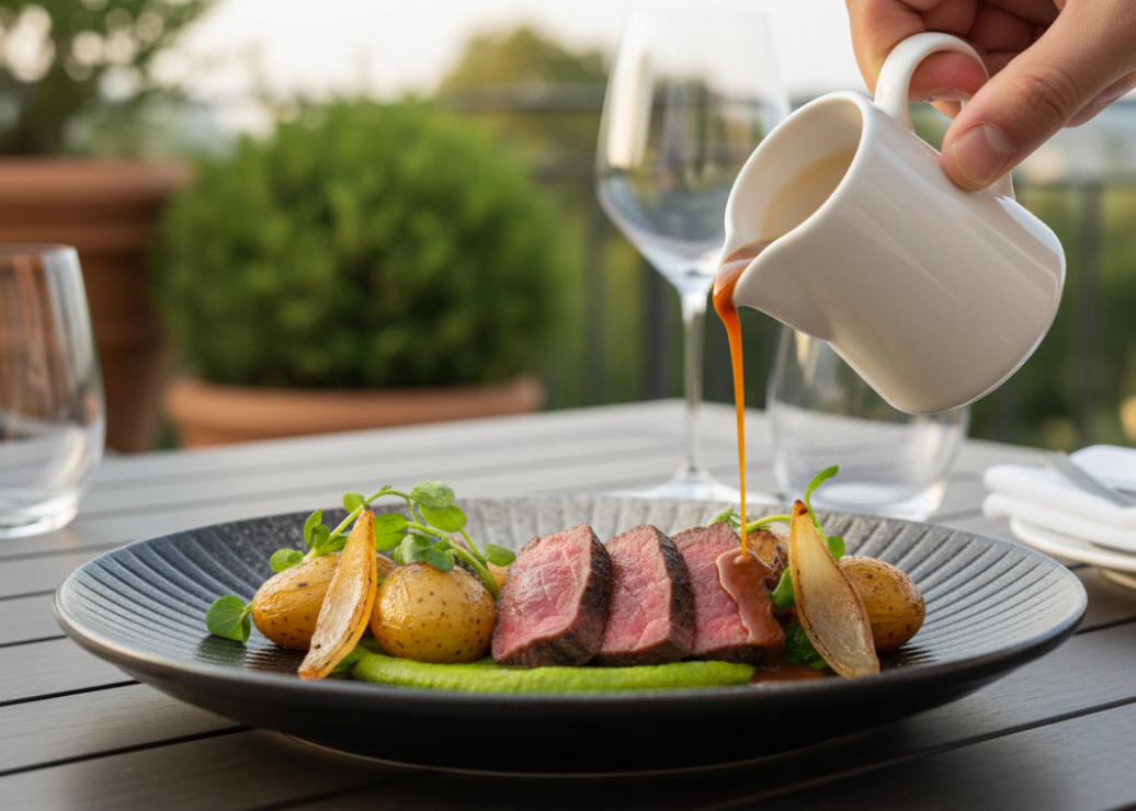 Sliced roast beef with potatoes and jus on a Carbon Mist plate