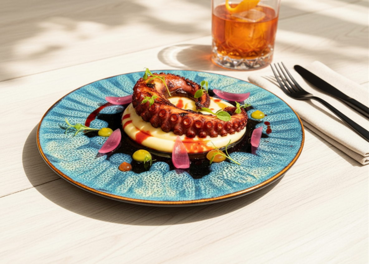 Grilled octopus tentacle on potato purée on a Deep Ocean plate, outdoors