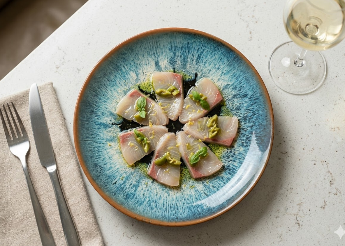 Ricciola crudo with lemon and Castelvetrano olives on a Deep Ocean scalloped plate