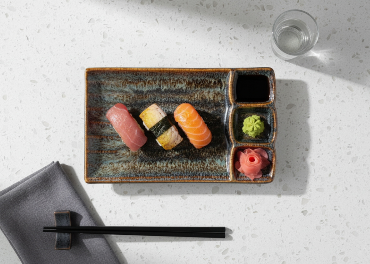 A nigiri trio sushi set on an Earth Fire rectangular tray with soy, wasabi and pickled ginger