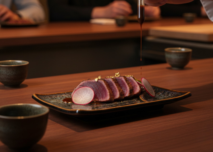 Seared wagyu beef with radish and jus on an Earth Fire square plate