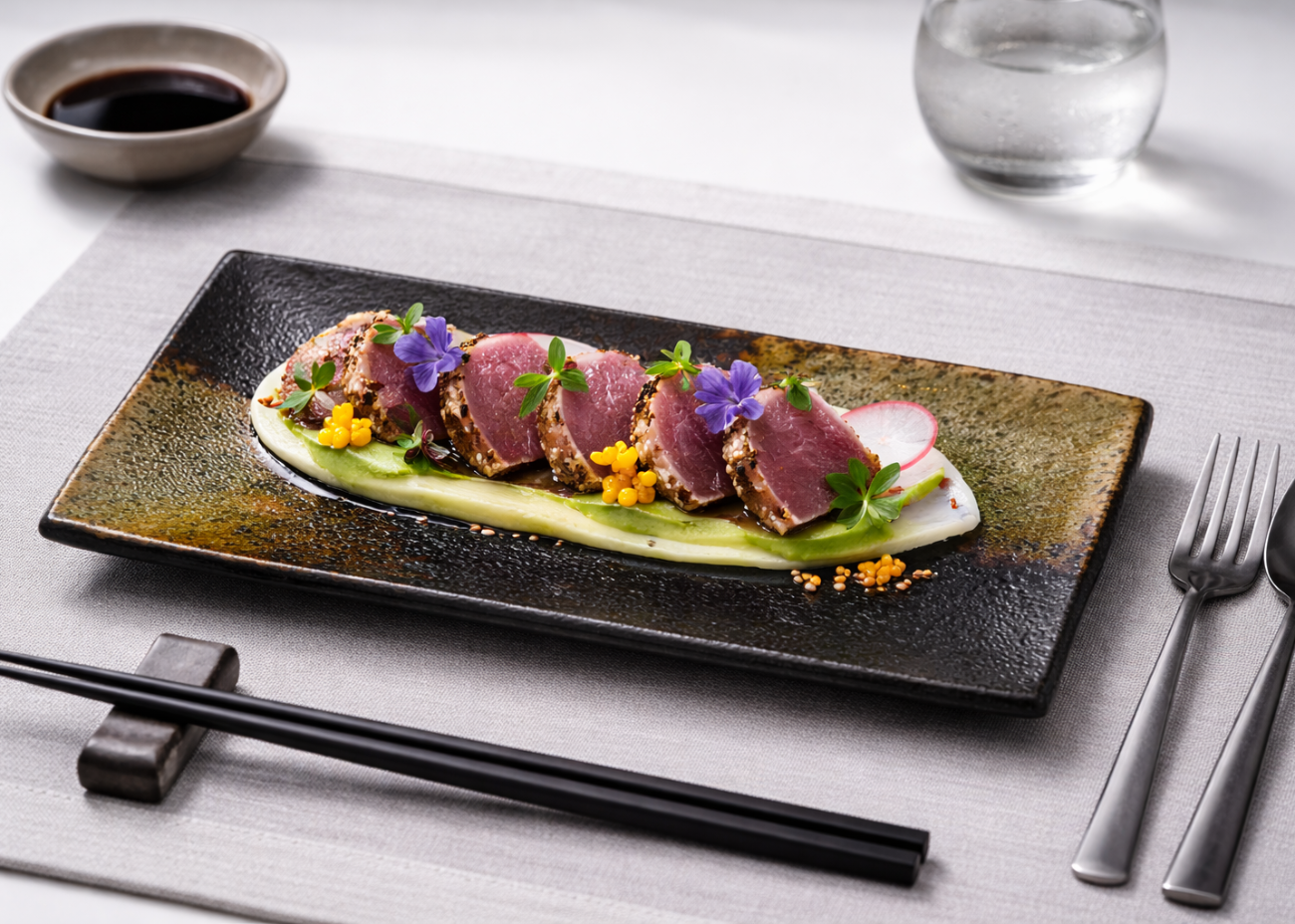Elegant tuna tataki appetizer on an Eclipse Stone square plate