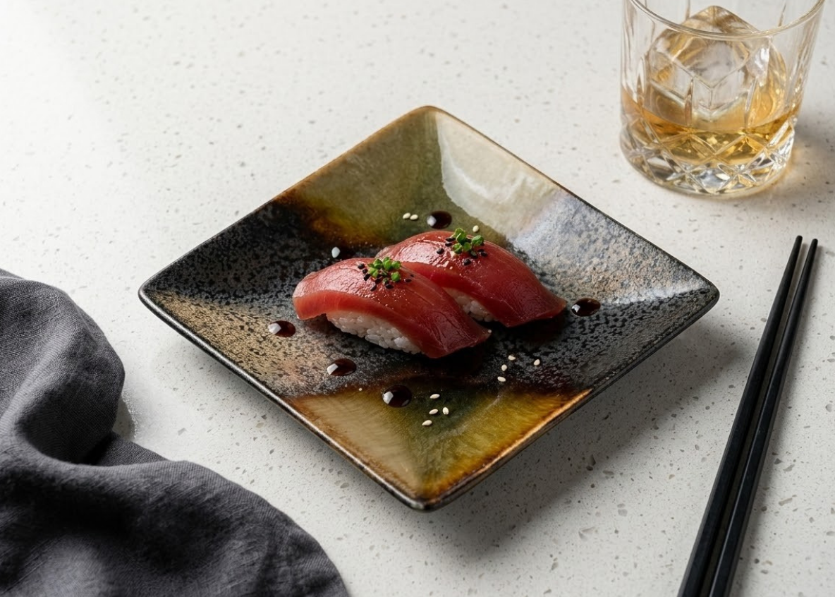 Wagyu nigiri duo on an Eclipse Stone square plate