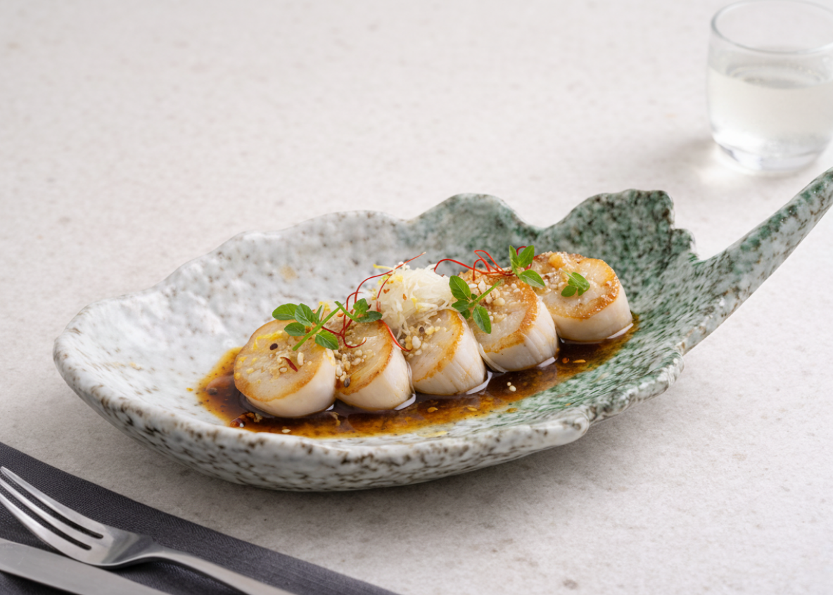 Scallop ponzu tataki in an Emerald Coast leaf-shaped dish