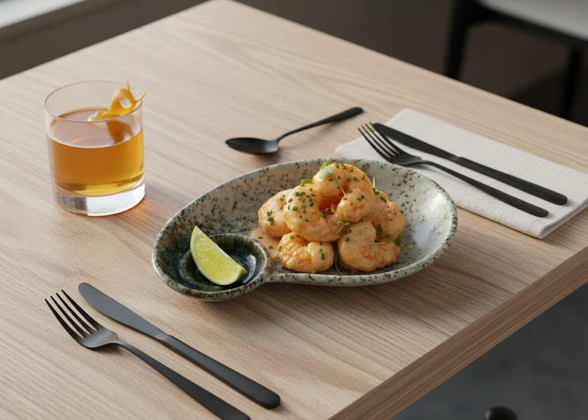 Rock shrimp tempura with spicy mayo and lime in an Emerald Coast boat dish