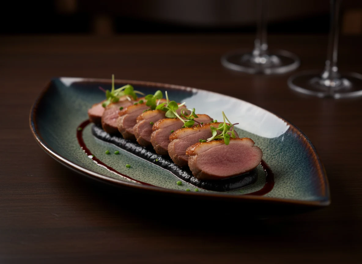 Sliced duck breast on black garlic purée with a red wine glaze, on an Emerald Essence leaf plate