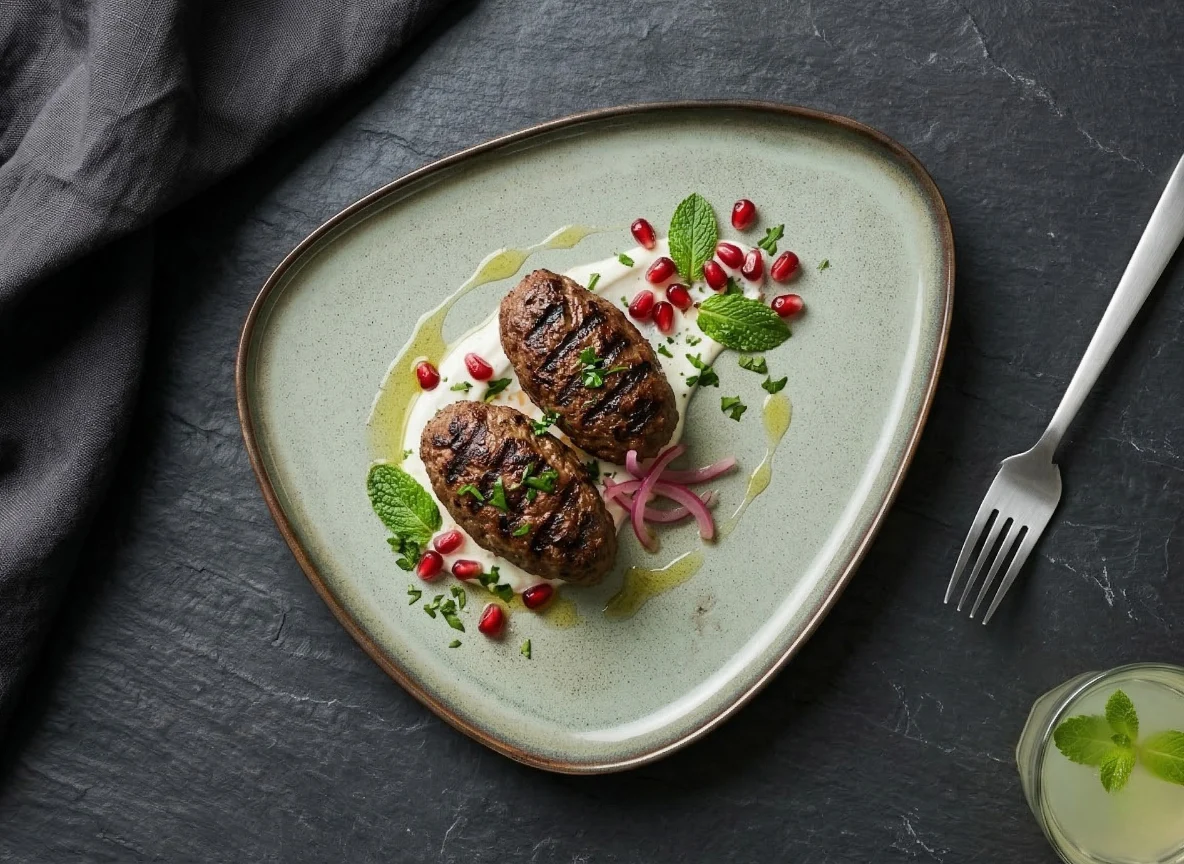 Two grilled lamb kofta on yoghurt with mint and pomegranate, on an Emerald Essence triangular plate