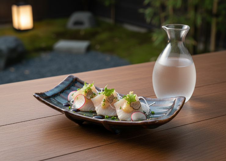 Seared Tuna Tataki, Ponzu & Grated Ginger on Emerald Essence