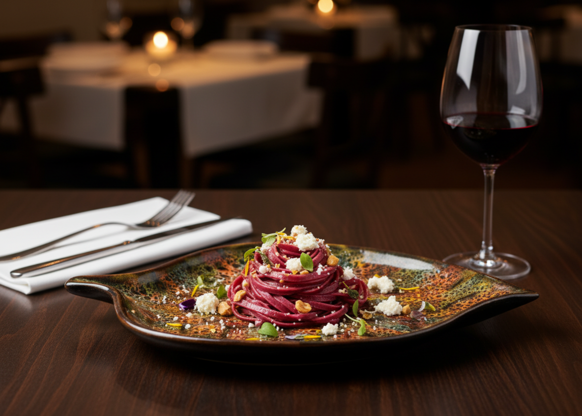 Beetroot linguine with ricotta and hazelnuts on an Evolving Flame leaf-shaped plate in a dining room