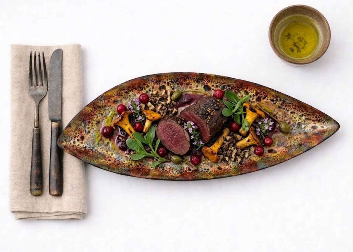 Roast venison with chanterelles and red berries on an Evolving Flame pointed oval tray, seen from above