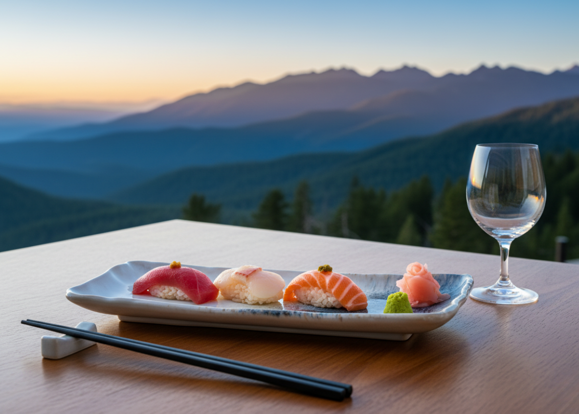 Seared scallop and maguro nigiri duo on a Frosted Wave rectangular plate