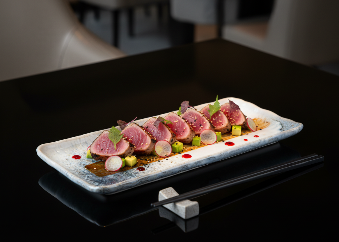 Seared tuna tataki with avocado and radish on a Frosted Wave rectangular tray