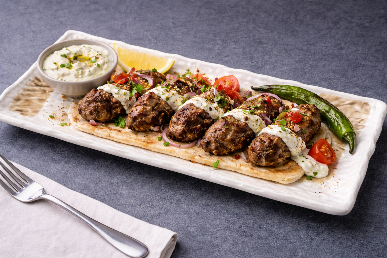 Grilled lamb kofta with tzatziki sauce on a Golden Grove rectangular tray