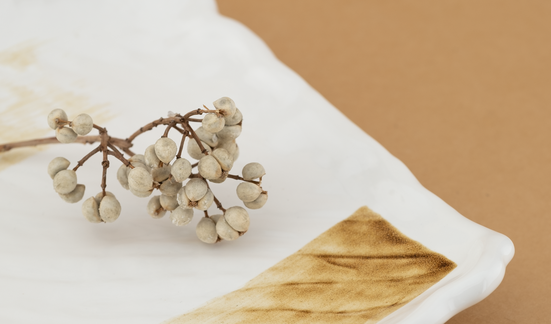 Detail of a Golden Grove plate corner, cream glaze with a hand-brushed amber stroke, styled with a dried berry sprig