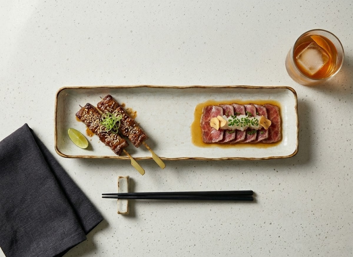 Robata beef skewers and wagyu tataki with truffle soy on a Golden Sands rectangular tray