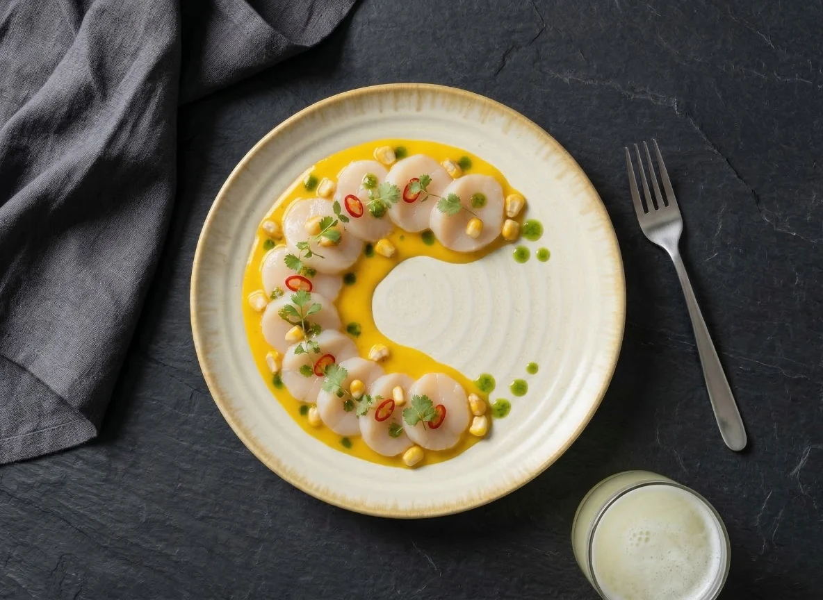 Scallop tiradito with aji amarillo, corn and coriander on a Golden Whisper plate