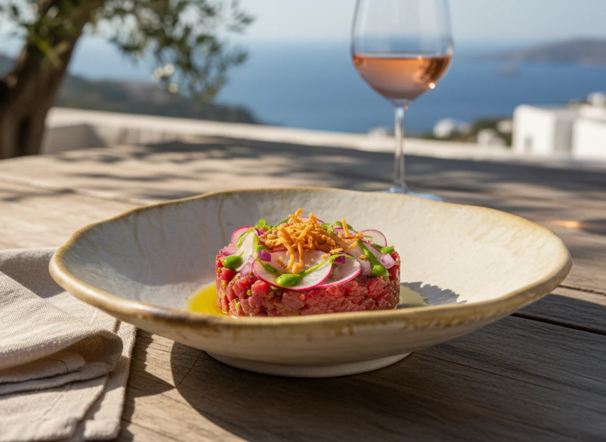 Beef tartare with radish, asparagus and crispy shallots in a Golden Whisper shallow bowl