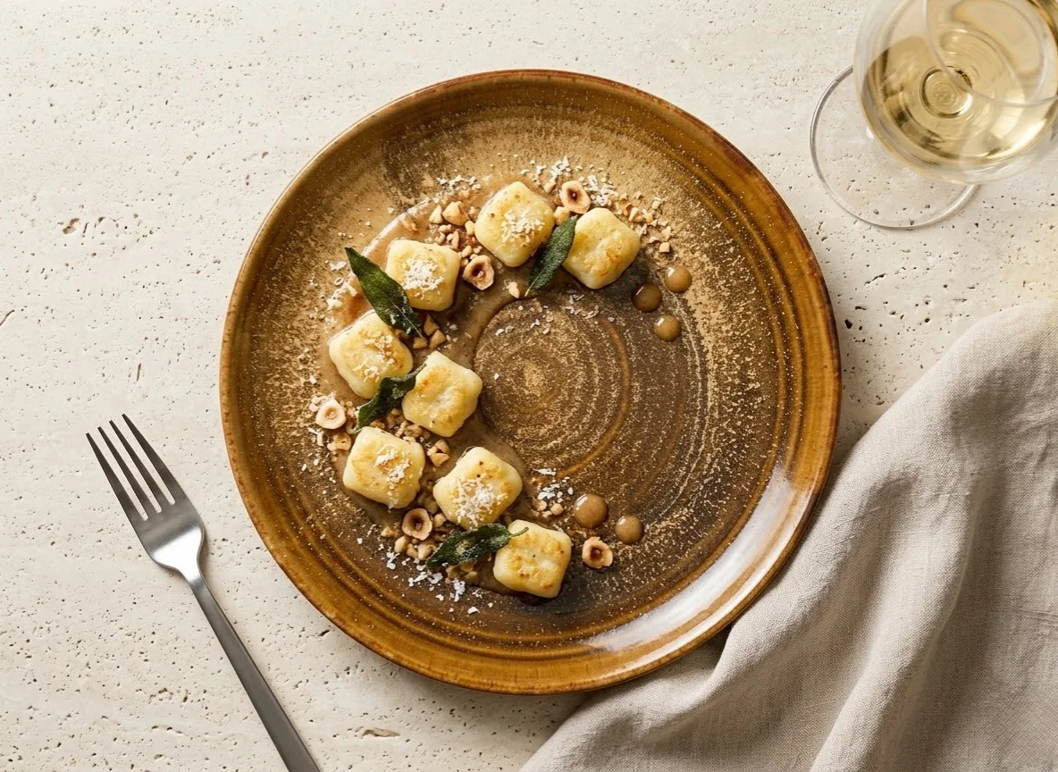 Ricotta gnocchi with sage butter and hazelnuts, plated in a ring on a round Harvest Sun coupe