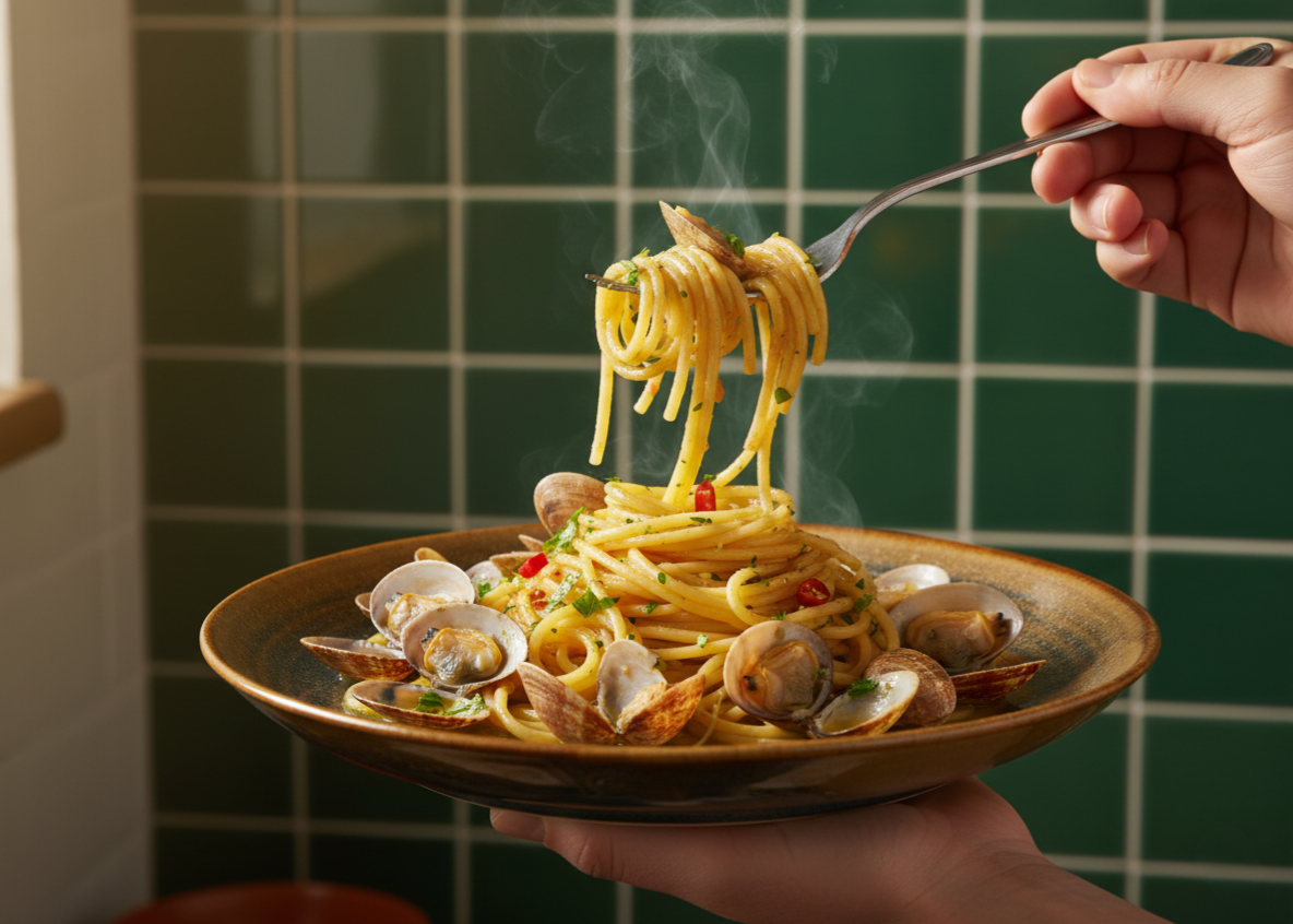 Spaghetti alle Vongole, Chilli & Parsley on Harvest Sun