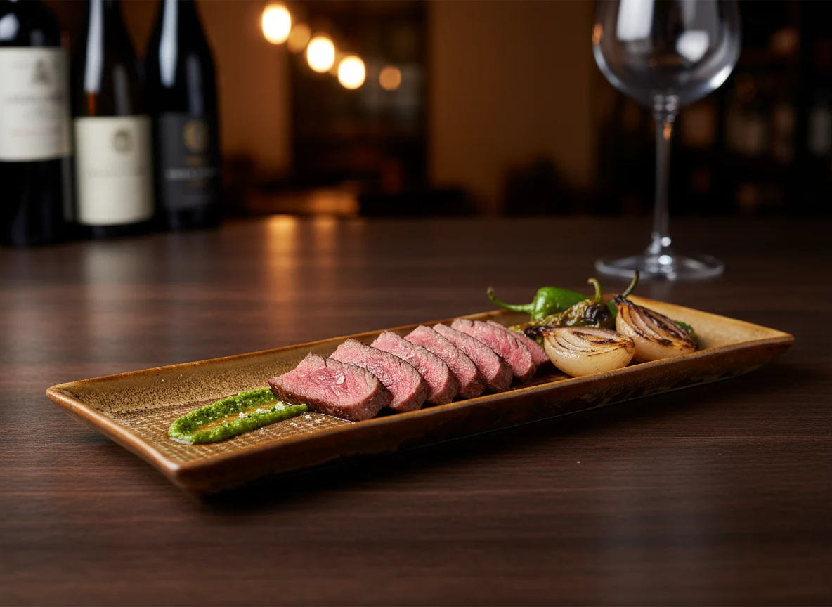 Sliced wagyu striploin with chimichurri and charred onions on a long Harvest Sun tray