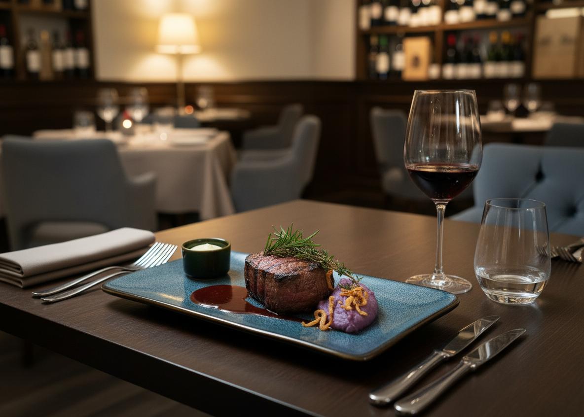 Filet mignon with red wine jus and purple potato purée on an Indigo Symphony rectangular tray