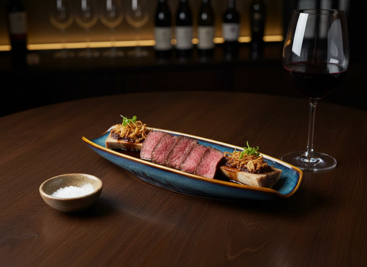 Sliced beef rib with bone marrow and crispy shallots on an Indigo Symphony lens tray