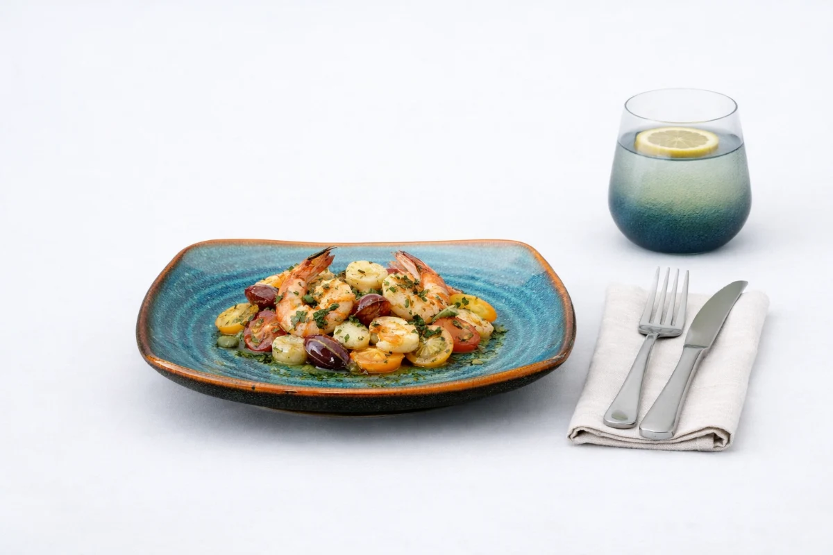 Herb shrimp with cherry tomatoes and olives on a turquoise Indigo Symphony square plate