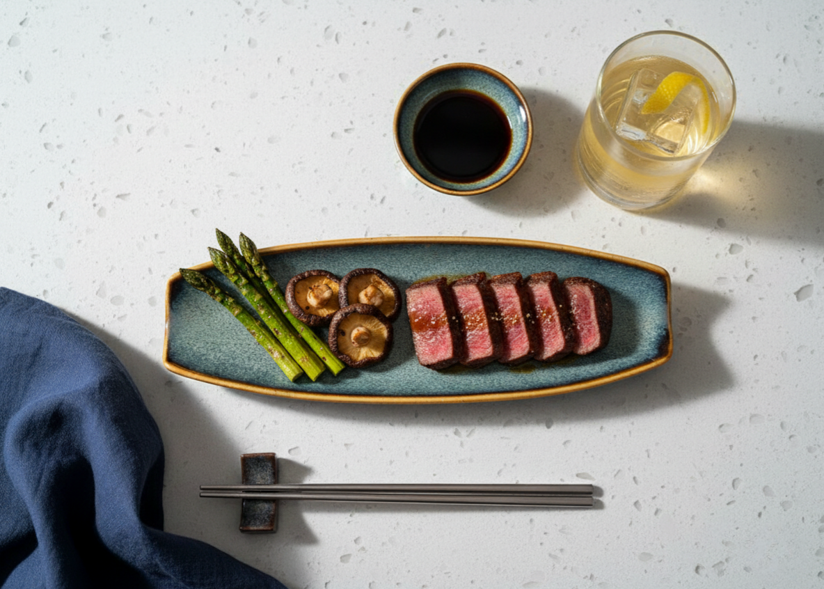 Wagyu Steak, Asparagus & Shiitake on Indigo Symphony