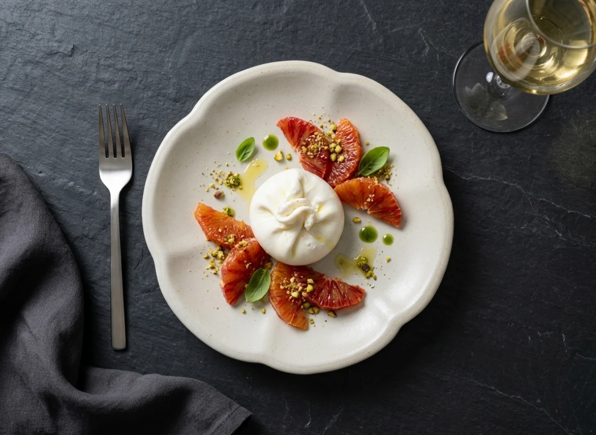 Burrata with blood orange and pistachio on an Ivory Serenity petal plate