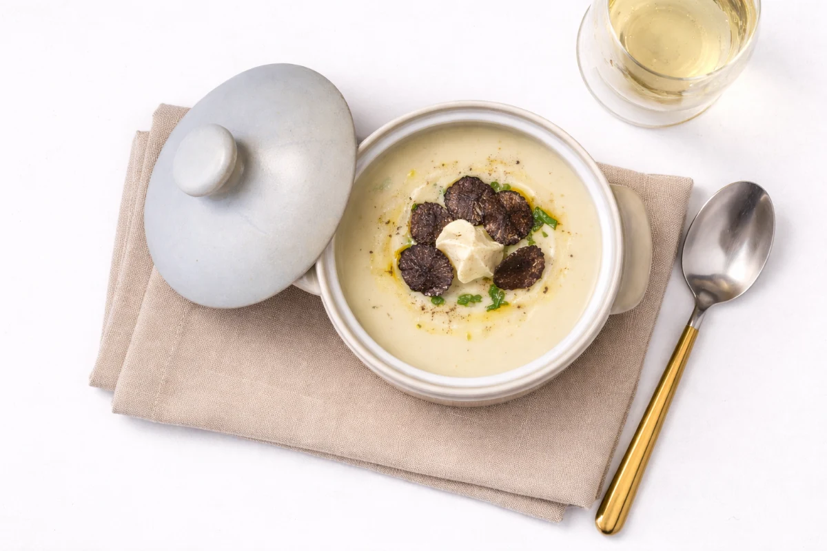 Cauliflower soup with black truffle shavings in an Ivory Serenity lidded bowl