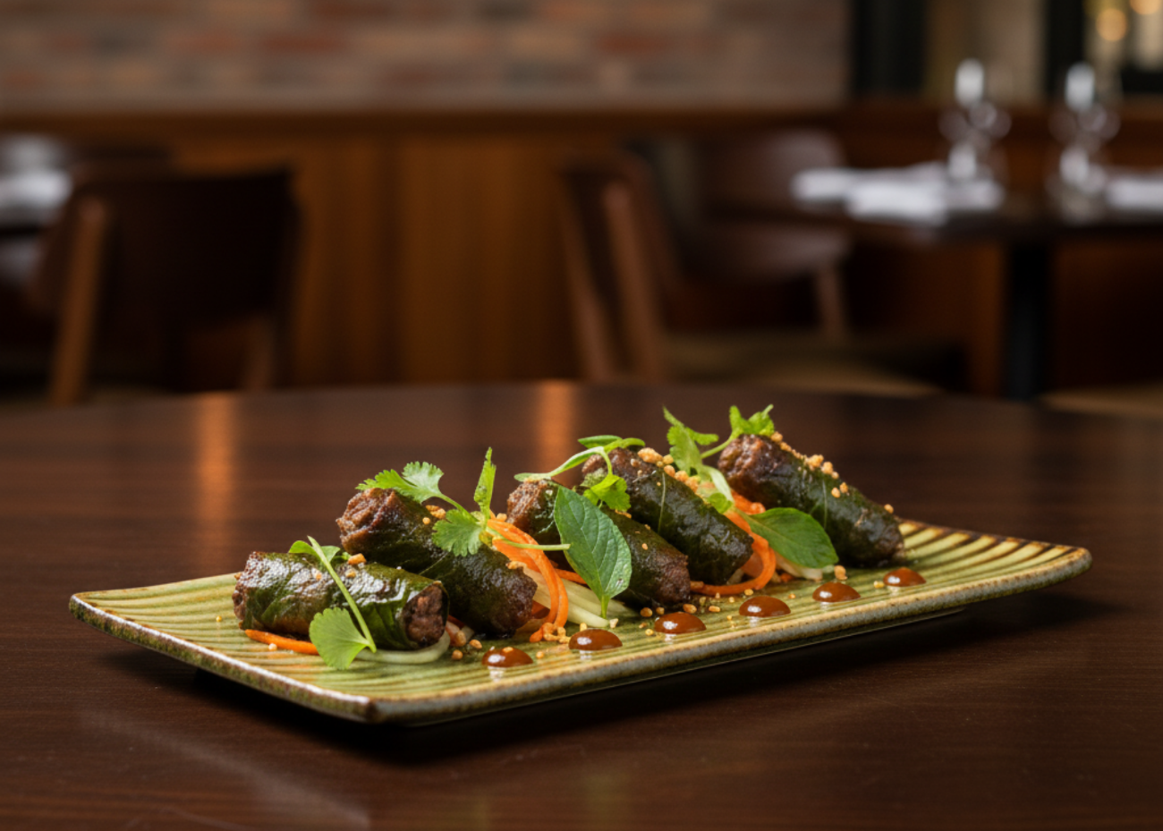 Beef betel leaf wraps with peanut garnish on a Lemon Moss ribbed rectangular tray