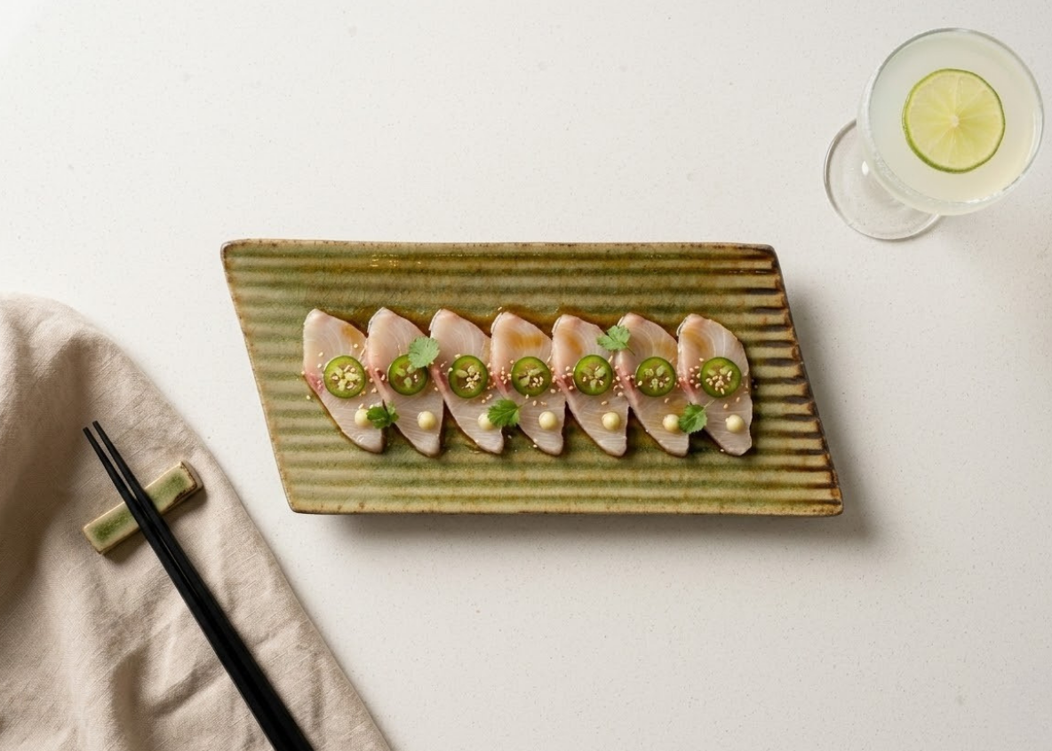 Hamachi jalapeño crudo with yuzu kosho and sesame on a Lemon Moss ribbed rectangular tray